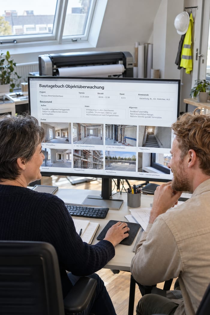Projektleiterin und Bauleiter eines Architekturbüros freuen sich am Monitor über das Begehungsblatt des Bautagebuchs mit Bauzustand und Fotos