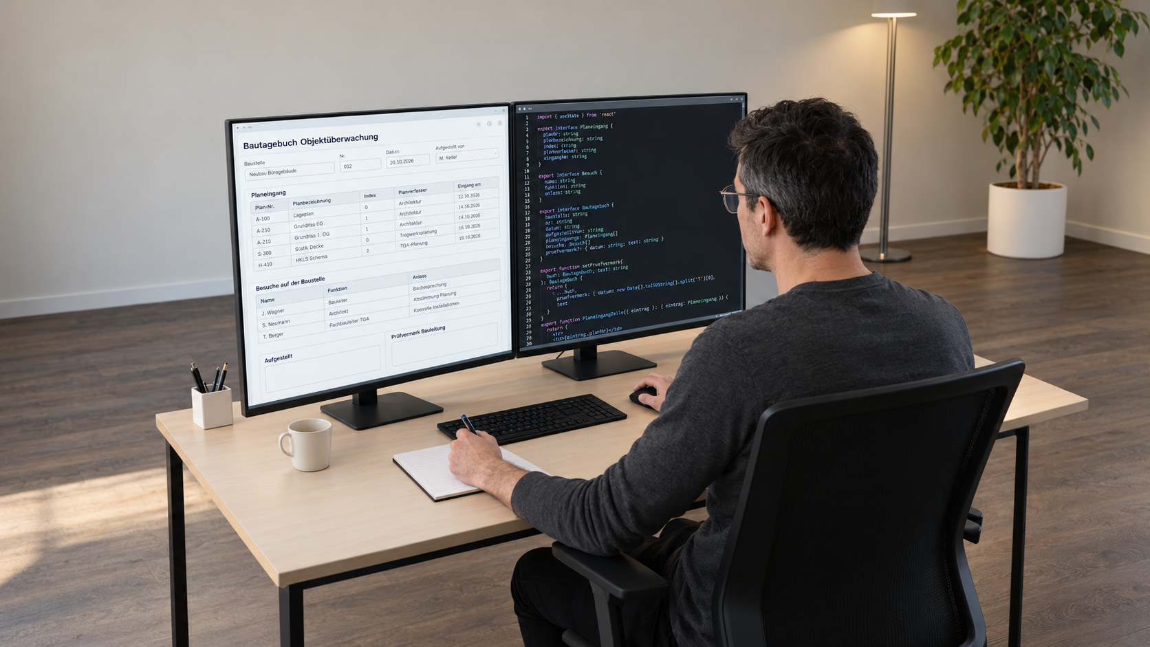 Softwareentwickler programmiert das Bautagebuch der Objektüberwachung: links das Formular mit Planeingang und Besuchen auf der Baustelle, rechts der Code