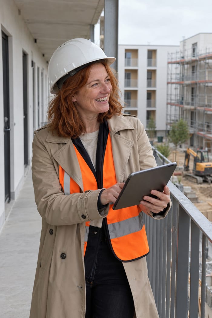 Projektleiterin eines Wohnungsunternehmens mit weißem Helm, beigem Trenchcoat und Warnweste steht lachend mit Tablet auf dem Laubengang eines Neubaus, dahinter eingerüstete Wohnhäuser