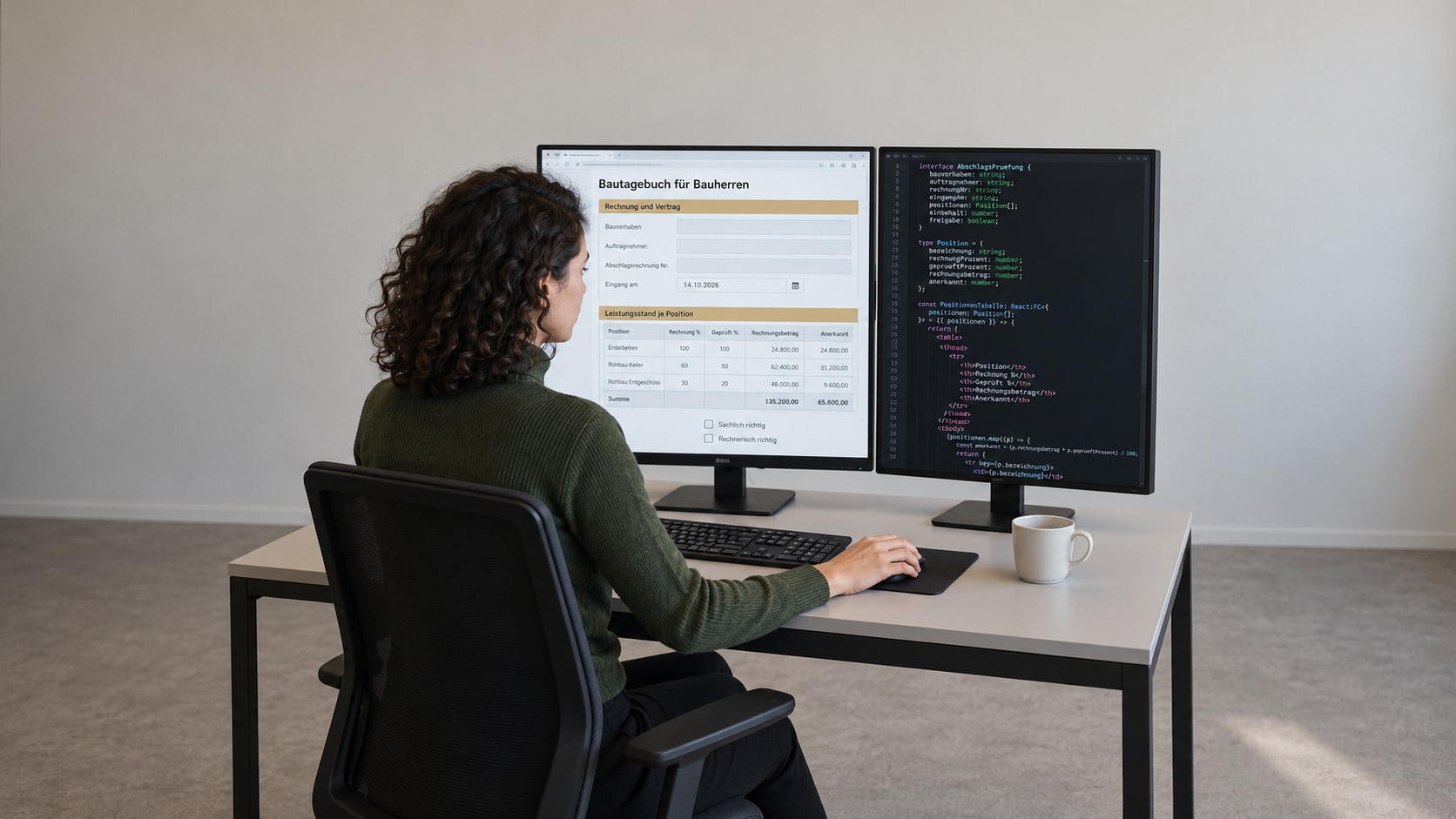 Softwareentwicklerin programmiert das Bautagebuch für Bauherren: links die Prüfung der Abschlagsrechnung mit Leistungsstand je Position, rechts der Code