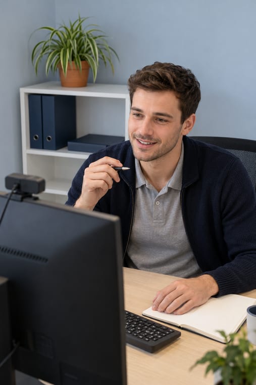 Formilo-Berater im dunkelblauen Cardigan erklärt im Online-Meeting, wie das Bautagebuch für Bauleiter entsteht