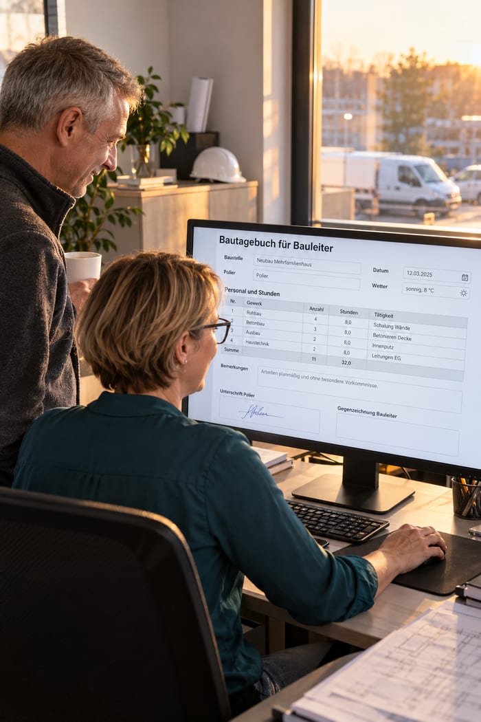 Bauleiterin und Oberbauleiter freuen sich im Büro am Monitor über das Tagesblatt mit Personal, Stunden und der Unterschrift des Poliers