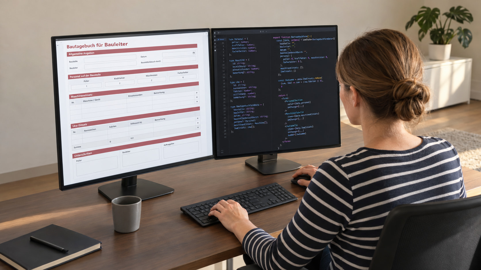 Entwicklerin im gestreiften Shirt programmiert das Bautagebuch für Bauleiter: links das Formular mit Personal, Maschinen- und Lkw-Einsatz, rechts der Code