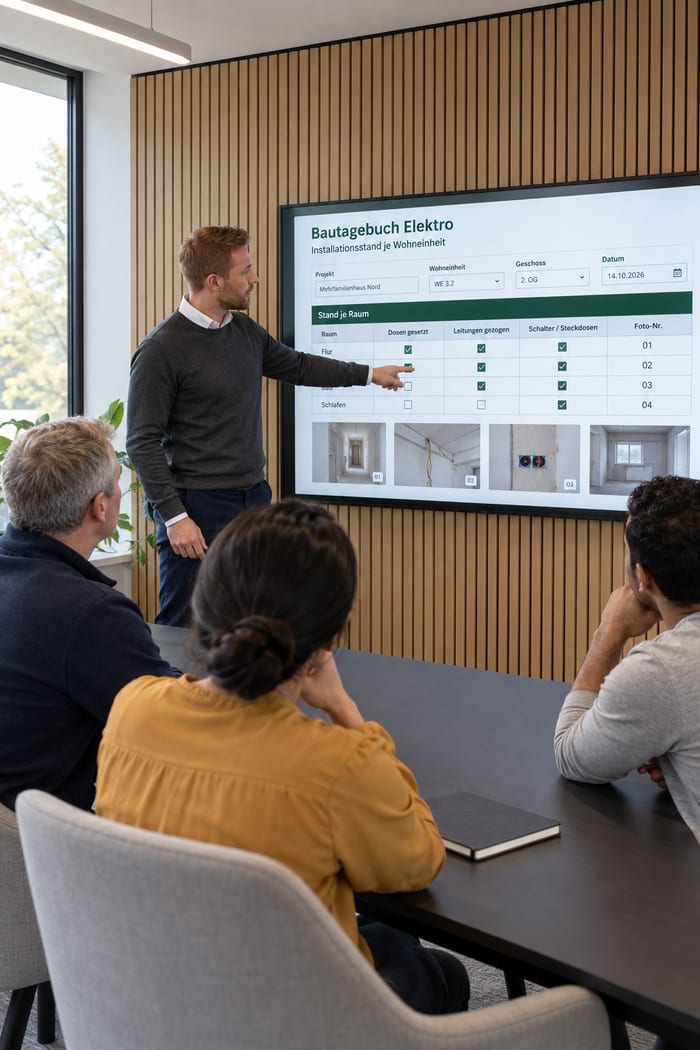 Beratung im Besprechungsraum eines Elektrobetriebs: Ein Berater zeigt am Wandbildschirm das Bautagebuch Elektro mit dem Installationsstand je Raum