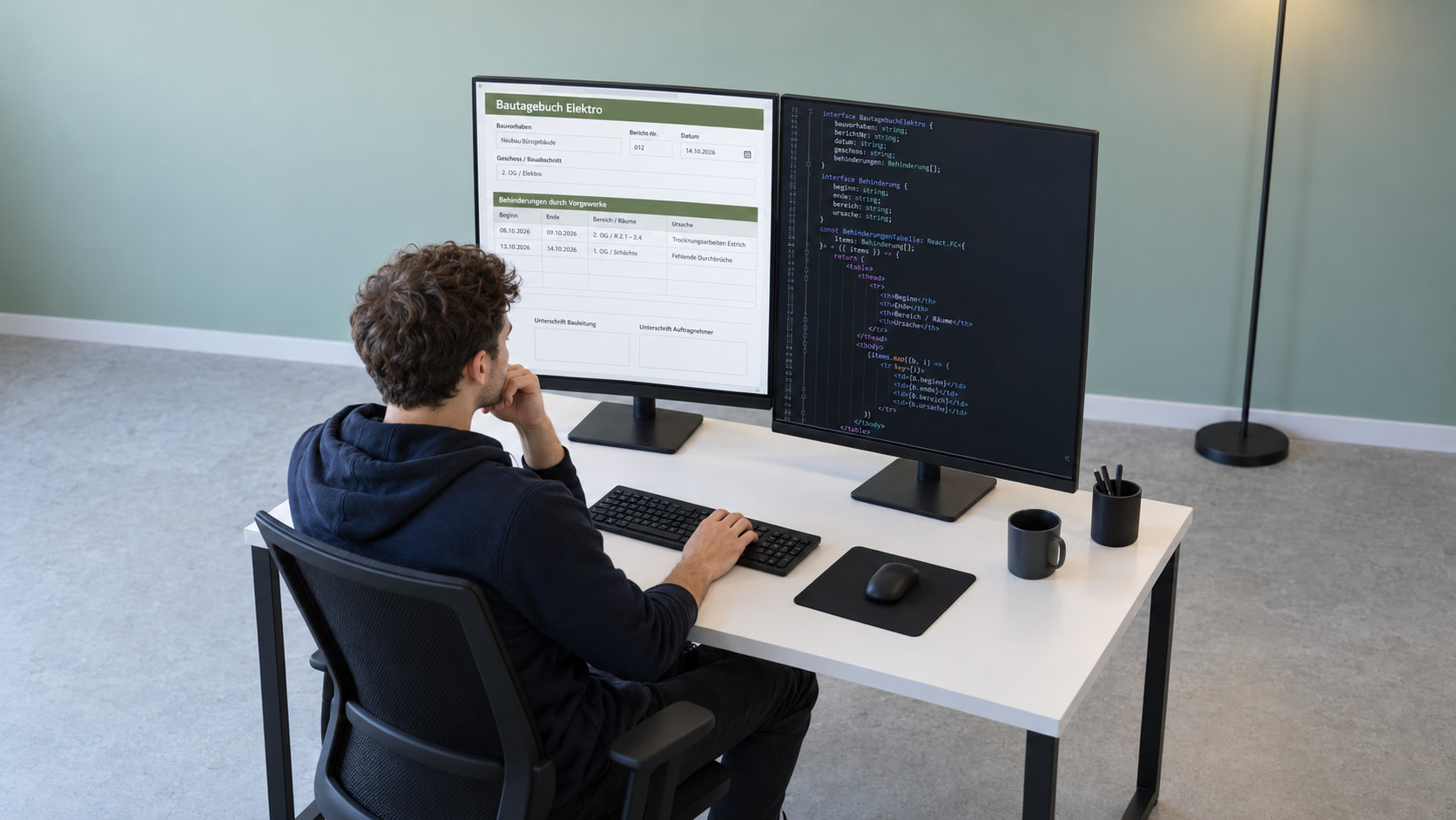 Softwareentwickler programmiert das Bautagebuch Elektro, auf dem einen Monitor das Formular mit Behinderungen durch Vorgewerke, auf dem anderen der Code