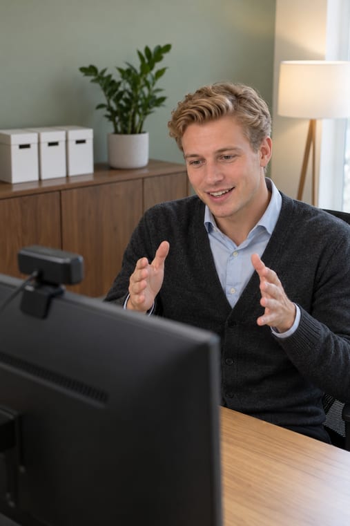 Formilo-Berater erklärt im Online-Meeting mit offenen Händen, wie das elektronische Bautagebuch für ein Bauunternehmen entsteht