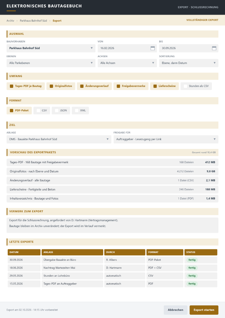 Exportdialog des elektronischen Bautagebuchs mit Zeitraum, Umfang aus Tages-PDF, Originalfotos, Änderungsverlauf, Freigabevermerken und Lieferscheinen, Ziel DMS und Vorschau des Exportpakets
