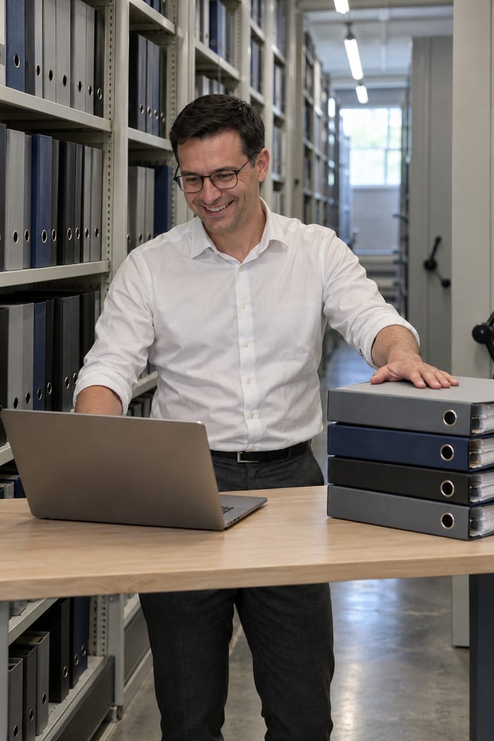 Leiter des Vertragsmanagements eines Bauunternehmens steht lächelnd im Archivraum am Stehtisch mit Laptop und legt die Hand auf einen Stapel Ordner
