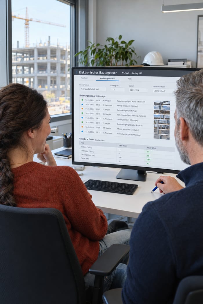 Vertragsmanagerin und Kalkulator eines Bauunternehmens am Monitor mit dem Änderungsverlauf eines Bautags, im Fenster ein Rohbau mit Baukran