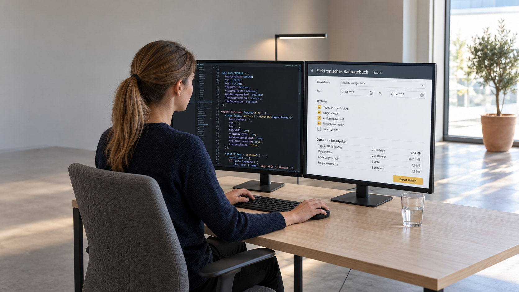 Softwareentwicklerin programmiert das elektronische Bautagebuch: links der Code, rechts der Exportdialog mit Umfang und Dateien im Exportpaket