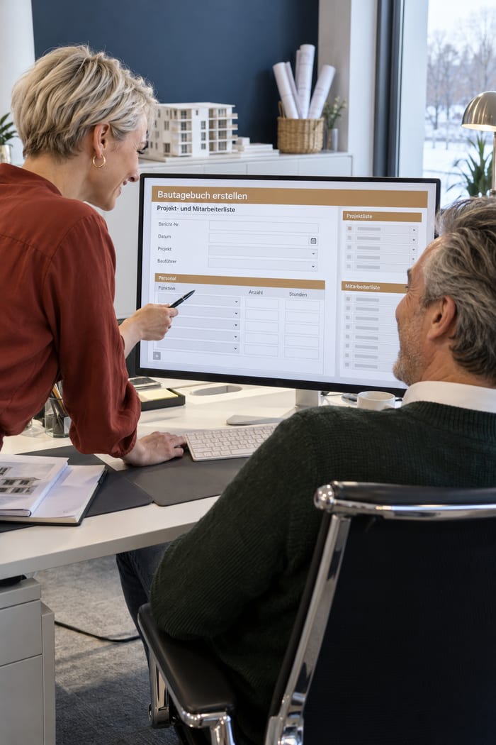 Geschäftsführer und Büroleiterin eines Bauunternehmens am Monitor mit Projekt- und Mitarbeiterliste des neuen Bautagebuchs, im Hintergrund ein Architekturmodell