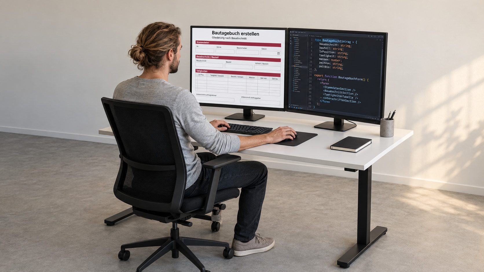 Softwareentwickler programmiert das neue Bautagebuch, auf dem einen Monitor die Gliederung nach Bauabschnitt mit Tätigkeiten je LV-Position, auf dem anderen der Code