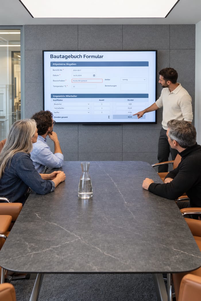 Beratung im Konferenzraum: Ein Berater zeigt am Wandbildschirm auf die Summenzeile im Bautagebuch Formular mit Qualifikationen und Stunden