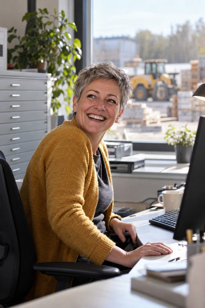 Kaufmännische Angestellte in senfgelber Strickjacke dreht sich im Baubüro lachend vom Computer weg, hinter ihr der Bauhof mit Radlader