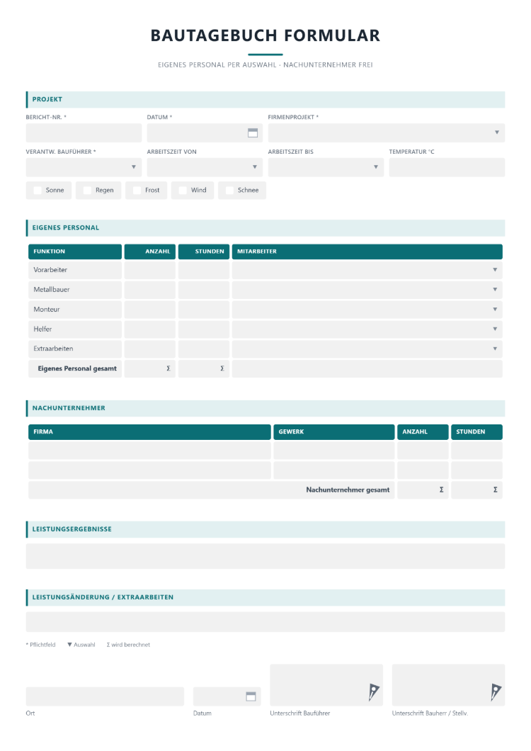 Bautagebuch Formular mit eigenem Personal nach Funktion und Mitarbeiter per Auswahl sowie getrennter Tabelle für Nachunternehmer mit Firma, Gewerk, Anzahl und Stunden