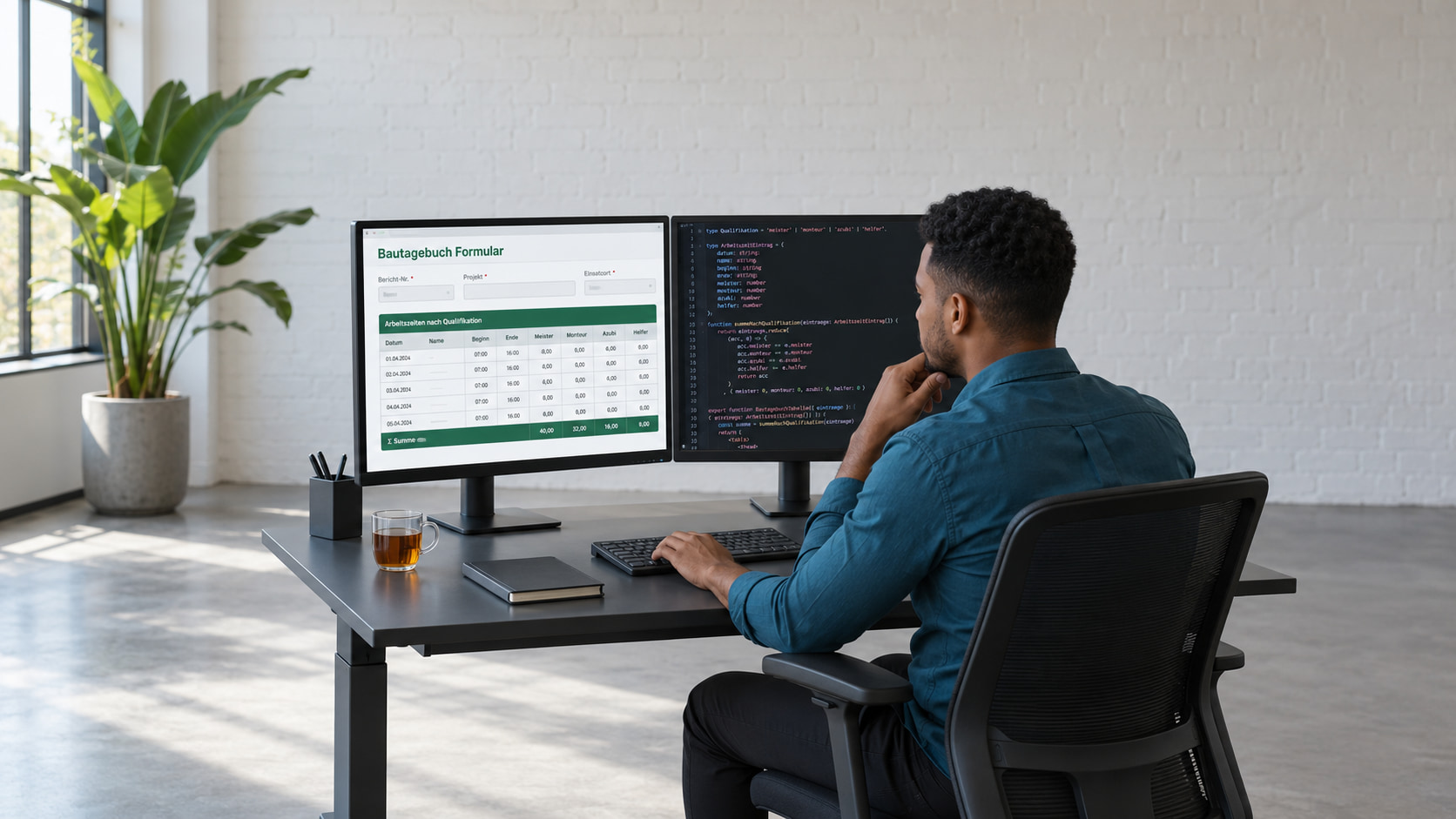 Entwickler programmiert das Bautagebuch Formular, links die Tabelle Arbeitszeiten nach Qualifikation mit Summenzeile, rechts der TypeScript-Code