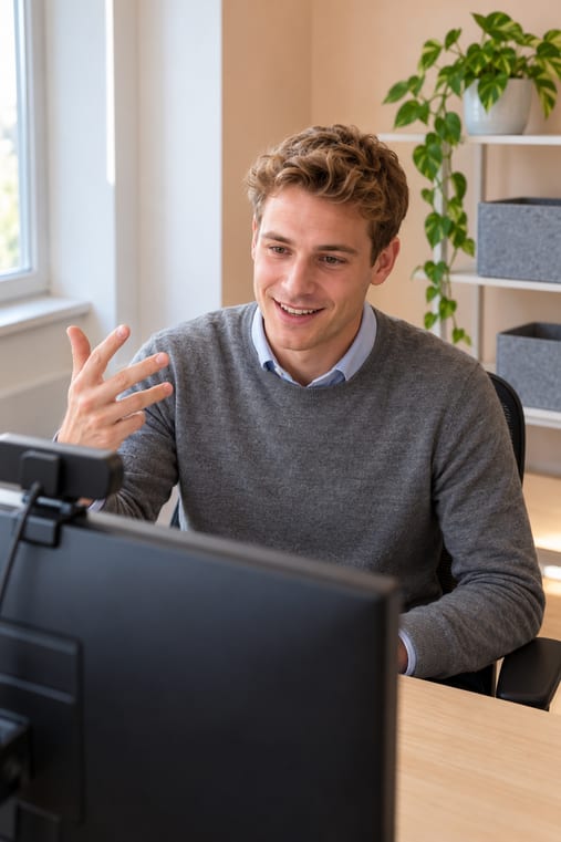Formilo-Berater im grauen Pullover erklärt im Online-Meeting, wie das Bautagebuch für Handwerker für den Ausbaubetrieb entsteht
