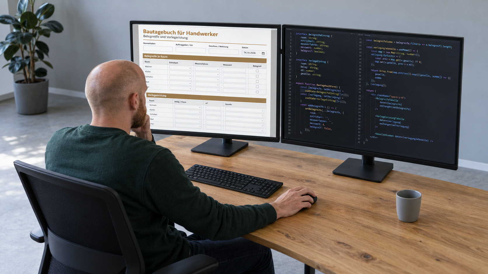 Softwareentwickler programmiert das Bautagebuch für Handwerker, auf dem linken Monitor das Formular mit Belegreife je Raum und Verlegeleistung, auf dem rechten der Code