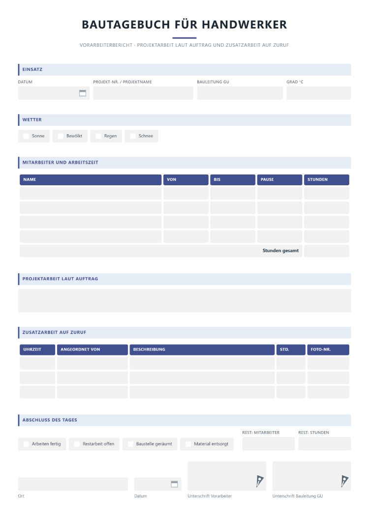 Bautagebuch für Handwerker als Vorarbeiterbericht mit Mitarbeitern und Arbeitszeit, Projektarbeit laut Auftrag, Tabelle für Zusatzarbeit auf Zuruf mit Uhrzeit, Anordnendem und Foto-Nr. sowie Abschluss des Tages mit Restarbeiten