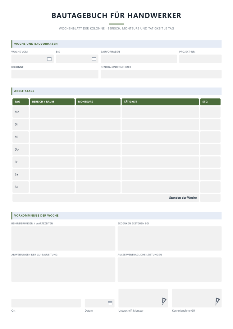 Bautagebuch für Handwerker als Wochenblatt der Kolonne mit Bereich, Monteuren, Tätigkeit und Stunden je Wochentag sowie Feldern für Behinderungen, Bedenken, Anweisungen der GU-Bauleitung und außervertragliche Leistungen