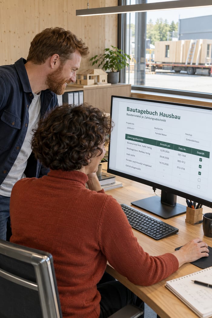 Zwei Mitarbeiter im Bauleitungsbüro eines Fertighausunternehmens freuen sich am Monitor über den Bautenstand je Zahlungsabschnitt im Bautagebuch Hausbau