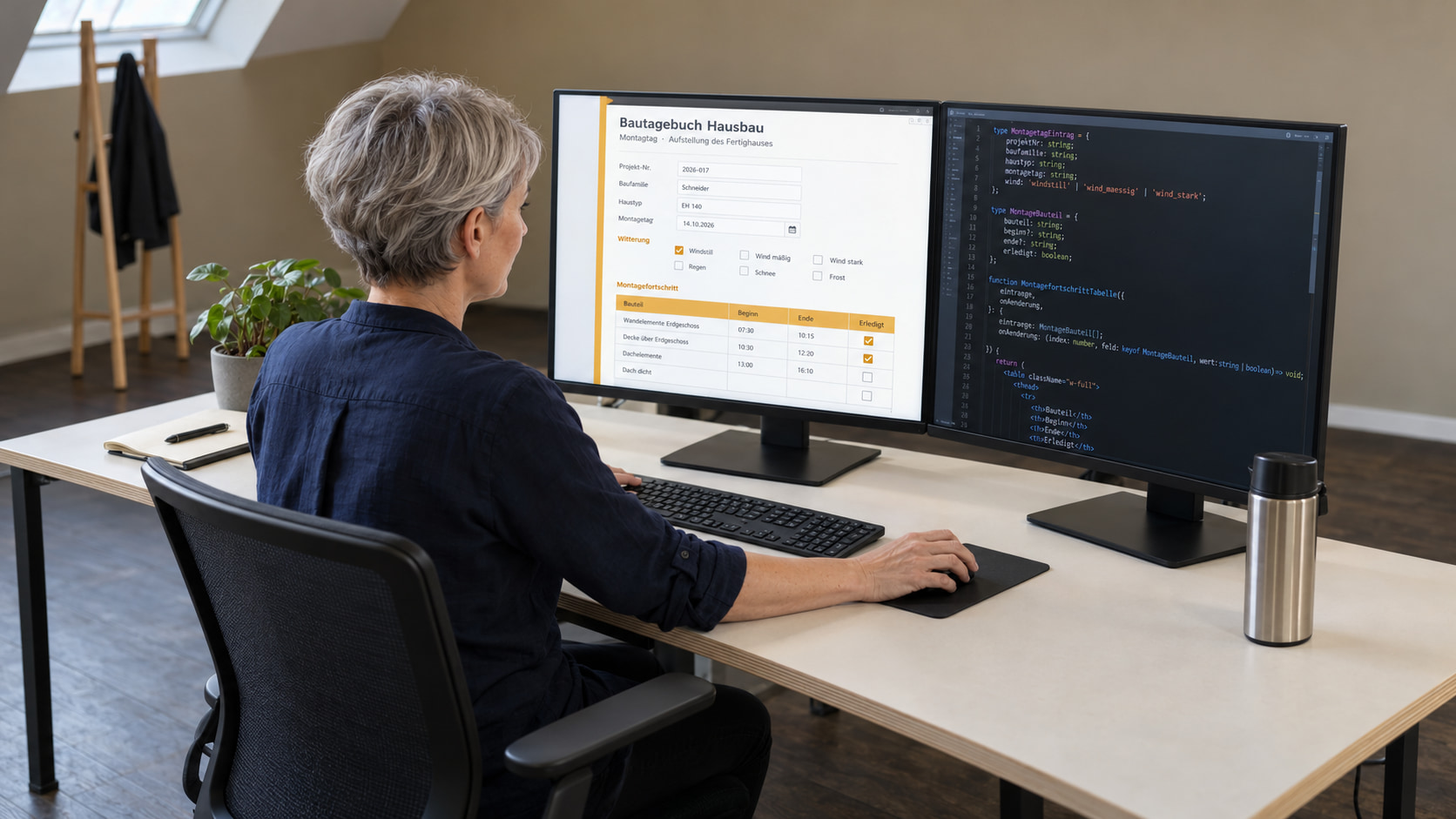 Softwareentwicklerin programmiert das Bautagebuch Hausbau: links das Formular für den Montagetag mit Witterung und Montagefortschritt, rechts der TypeScript-Code