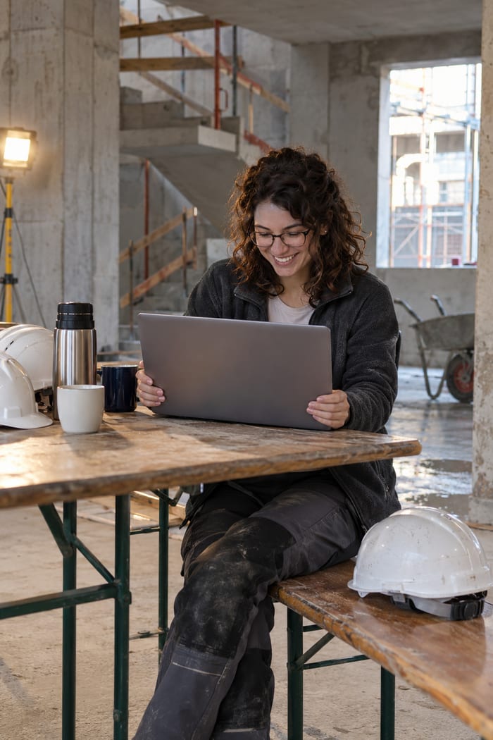 Junge Bauingenieurin mit Brille und dunklen Locken sitzt im Pausenraum eines Rohbaus an der Bierzeltgarnitur, hält ihren Laptop mit beiden Händen und lächelt