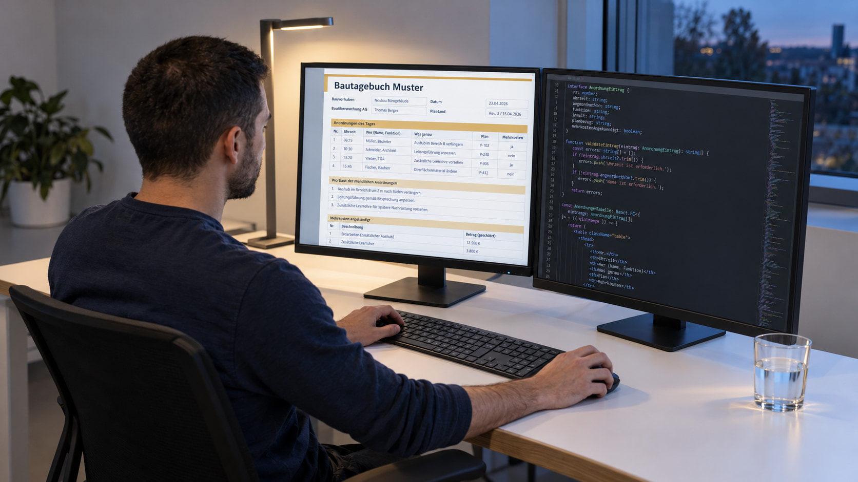 Softwareentwickler programmiert das Bautagebuch-Muster, links die Maske mit den Anordnungen des Tages, rechts der Code