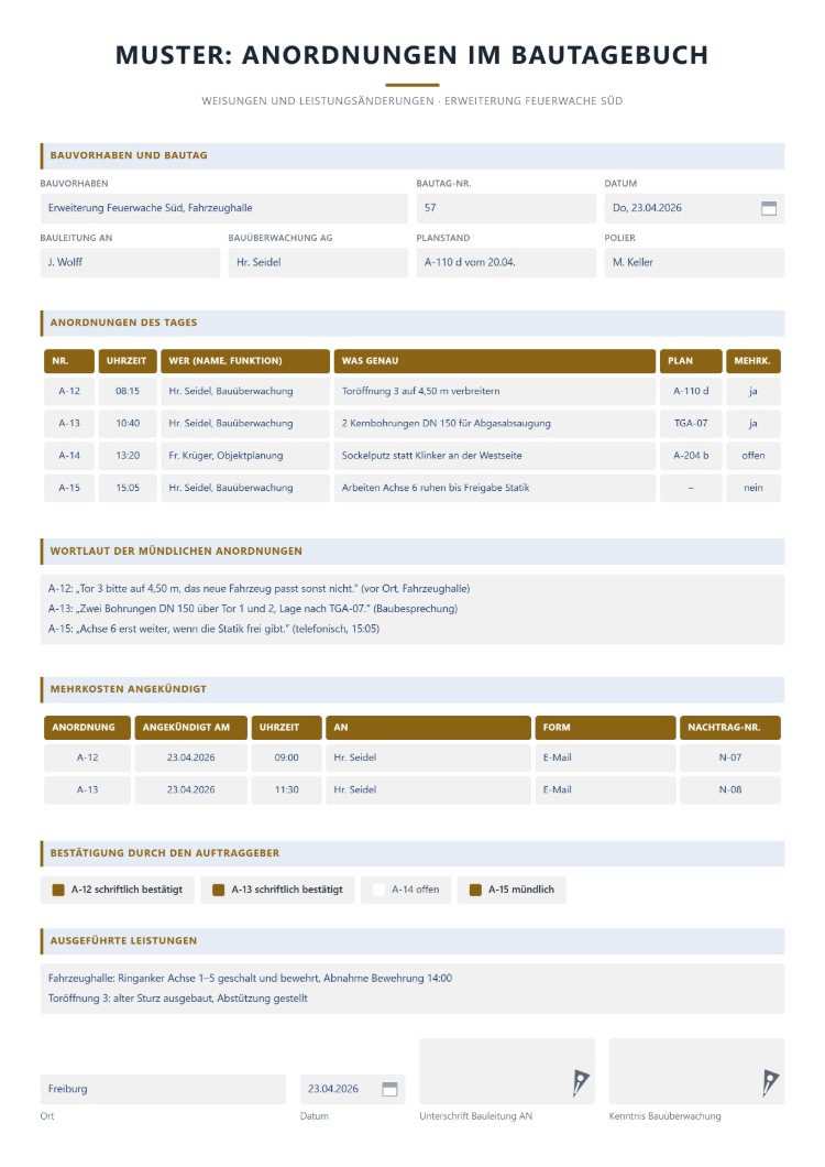 Bautagebuch-Muster mit Anordnungen des Tages nach Uhrzeit, Name und Funktion, Inhalt, Planbezug und Mehrkosten, dazu Wortlaut der mündlichen Anordnungen und angekündigte Mehrkosten