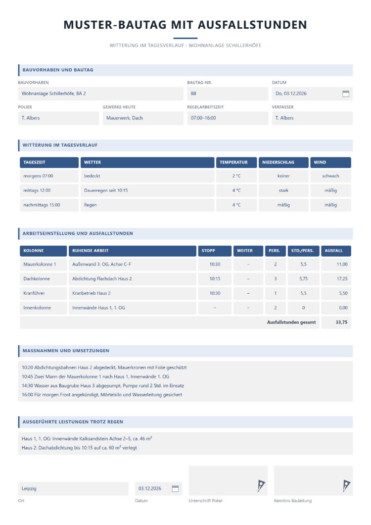 Muster-Bautag an einem Regentag mit Witterung morgens, mittags und nachmittags, Arbeitseinstellung je Kolonne mit Uhrzeit und Ausfallstunden sowie Maßnahmen und Umsetzungen