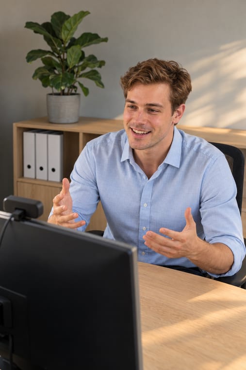 Formilo-Berater erklärt im Online-Meeting, wie das Bautagebuch online für ein Bauunternehmen entsteht