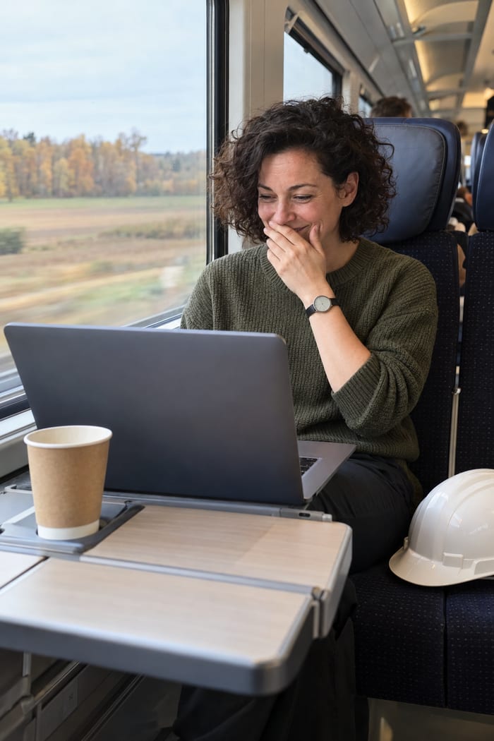 Bauleiterin eines Generalunternehmers lacht im Fernzug vor ihrem Laptop leise in die Hand, neben ihr der Bauhelm auf dem Sitz