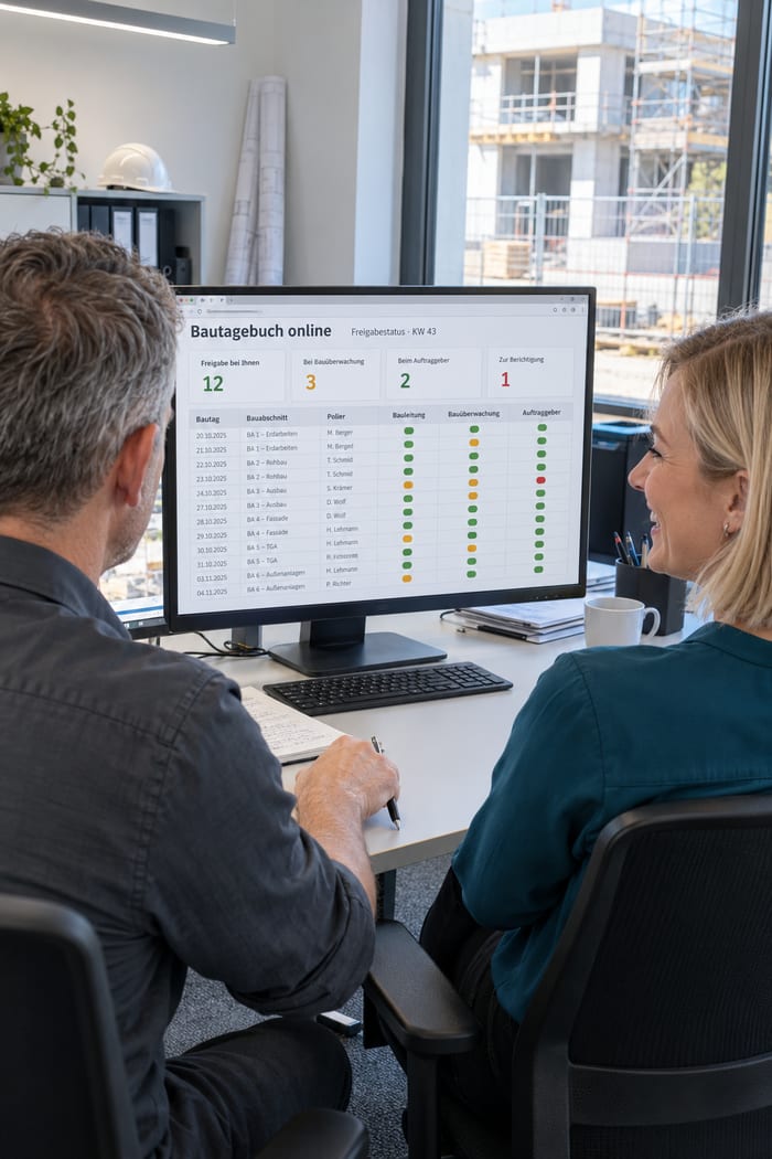 Projektleiter und Projektassistentin eines Generalunternehmers vor dem Freigabestatus im Bautagebuch online, im Fenster ein eingerüsteter Gebäudeflügel