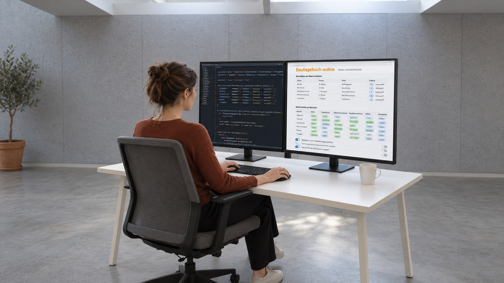 Softwareentwicklerin programmiert das Bautagebuch online, auf dem einen Monitor die Rollen und Sichtrechte der Beteiligten, auf dem anderen der Code