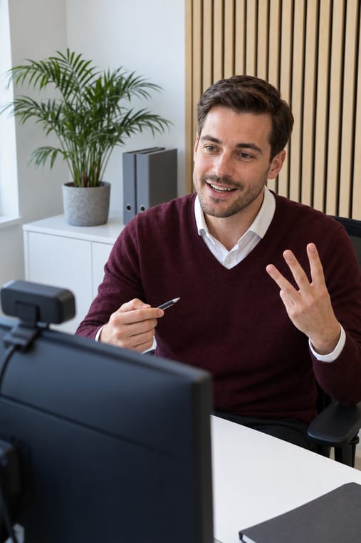 Formilo-Berater erklärt im Online-Meeting, wie die Bautagebuch-Software für ein Bauunternehmen entsteht