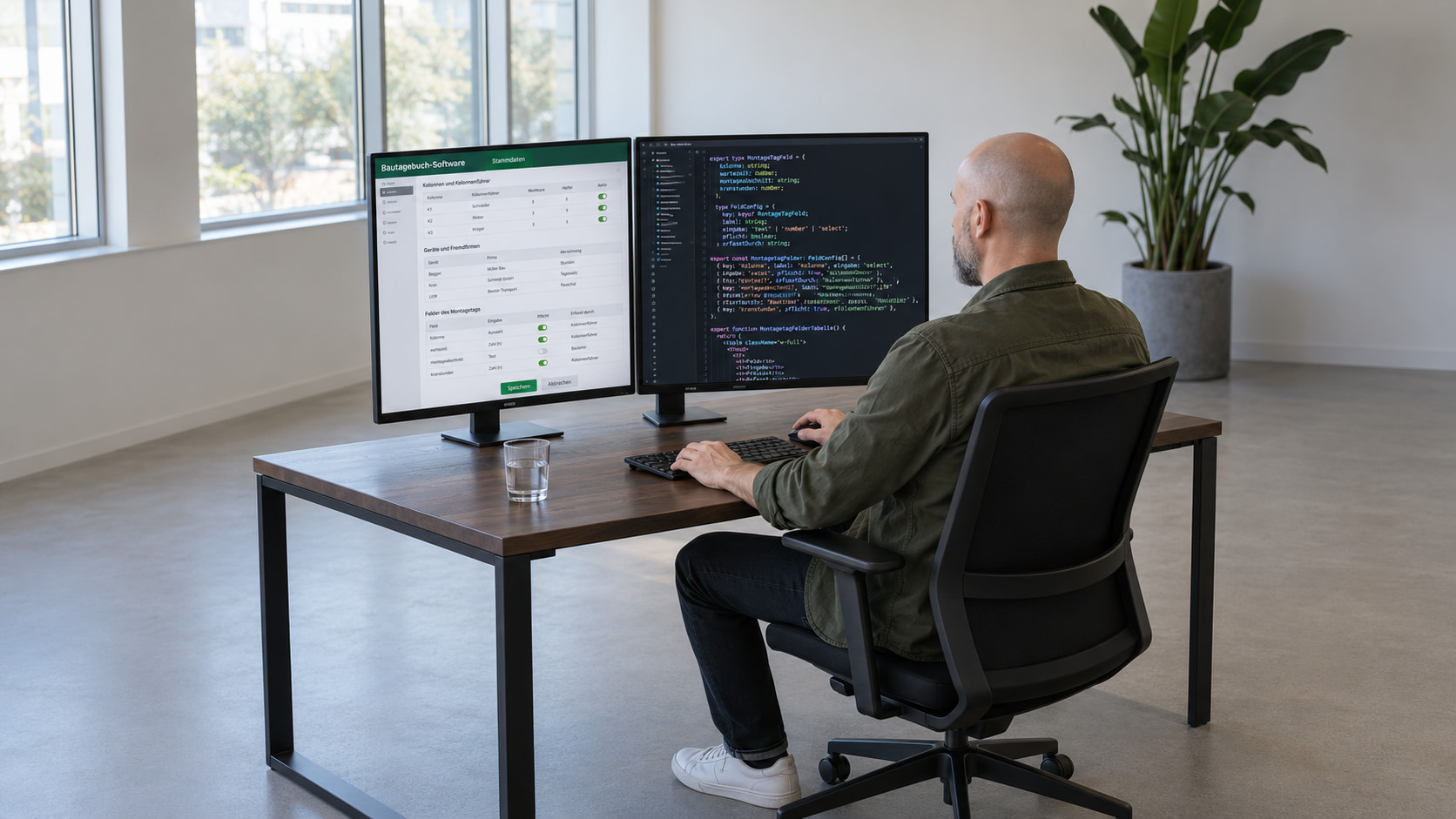 Softwareentwickler programmiert die Bautagebuch-Software, auf dem einen Monitor die Stammdaten mit Kolonnen, Geräten und Feldern des Montagetags, auf dem anderen der Code