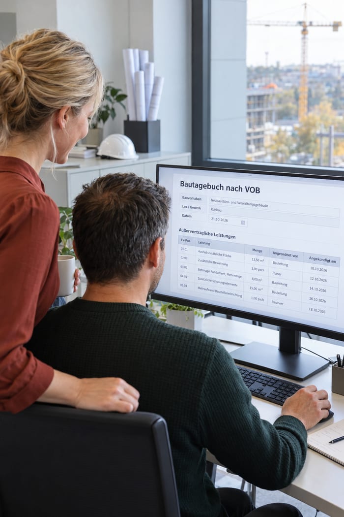 Zwei Mitarbeiter eines Bauunternehmens prüfen zufrieden am Monitor die außervertraglichen Leistungen im Bautagebuch nach VOB