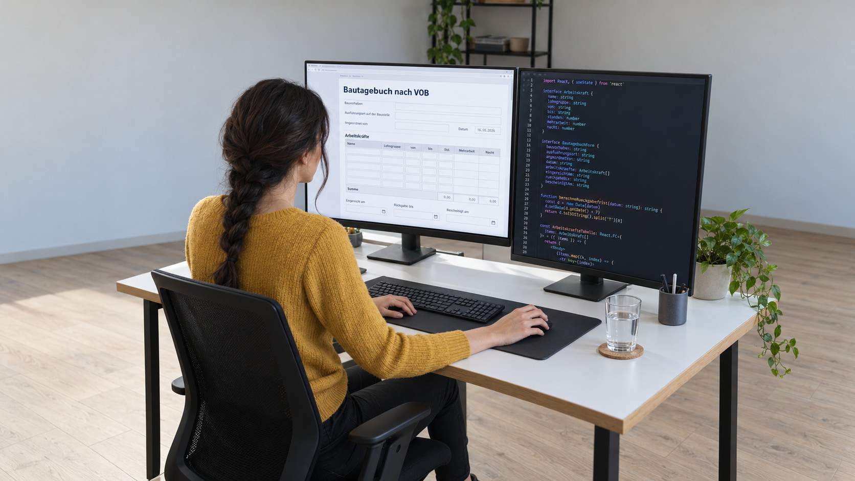Softwareentwicklerin programmiert das Bautagebuch nach VOB: links das Formular mit Arbeitskräftetabelle und Rückgabefrist, rechts der React-Code
