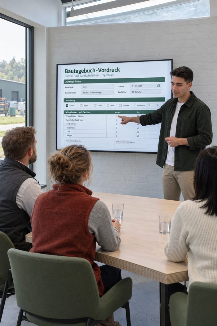 Beratung im Besprechungsraum eines Garten- und Landschaftsbaubetriebs: Ein Berater zeigt am Wandbildschirm den Bautagebuch-Vordruck mit vorgedruckten Zeilen für Mitarbeiter und Geräte