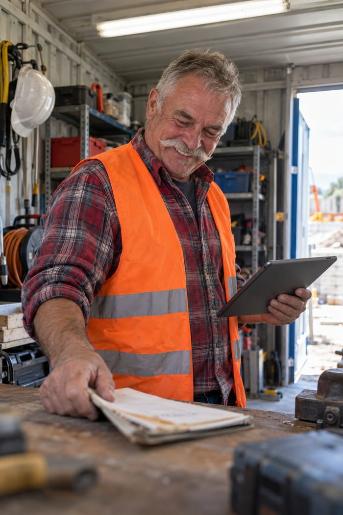 Polier in orangefarbener Warnweste schiebt im Magazincontainer der Baustelle den alten Schreibblock beiseite und lächelt auf sein Tablet