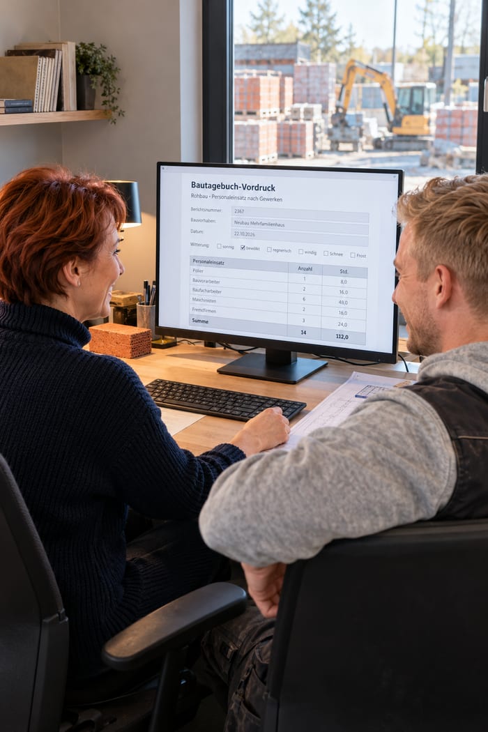 Bürokauffrau und Polier eines Rohbau-Unternehmens am Monitor mit dem Bautagebuch-Vordruck für den Personaleinsatz nach Gewerken, draußen der Bauhof mit Mauersteinen und Bagger