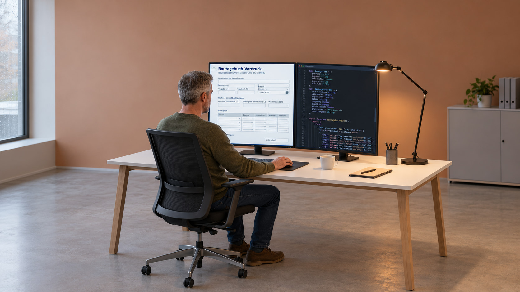 Entwickler programmiert den Bautagebuch-Vordruck der Bauüberwachung: links das Formular mit Großgerät-Tabelle, rechts der TypeScript-Code