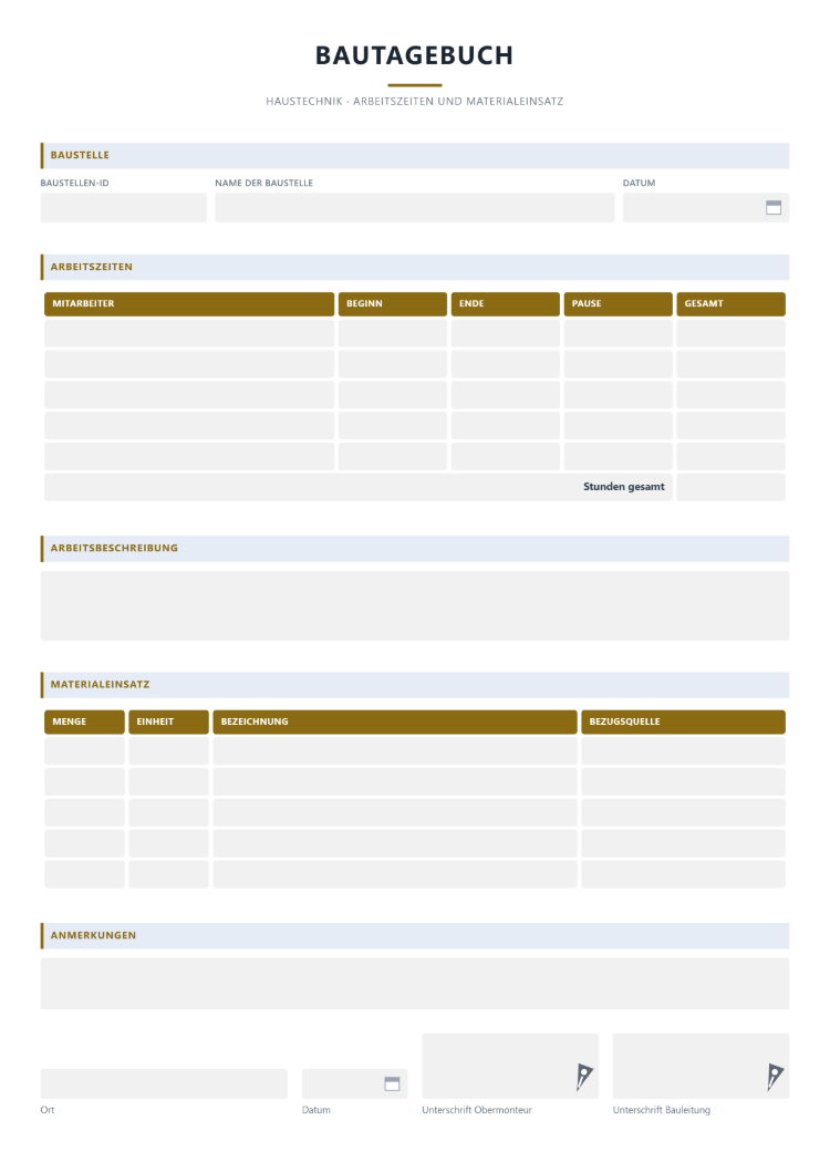Bautagebuch aus der Numbers-Vorlage für die Haustechnik mit Baustellen-ID, Arbeitszeiten mit Beginn, Ende, Pause und Gesamtstunden, Arbeitsbeschreibung und Materialeinsatz mit Menge, Einheit, Bezeichnung und Bezugsquelle