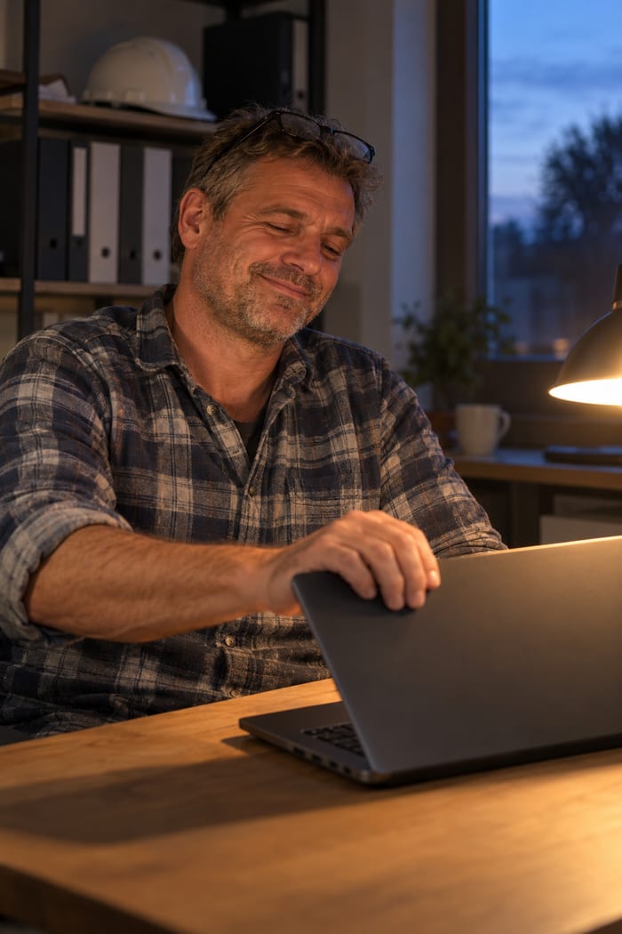 Inhaber eines kleinen Bauunternehmens im karierten Hemd klappt am Abend im Arbeitszimmer lächelnd den Laptop zu, im Regal Ordner und ein Bauhelm