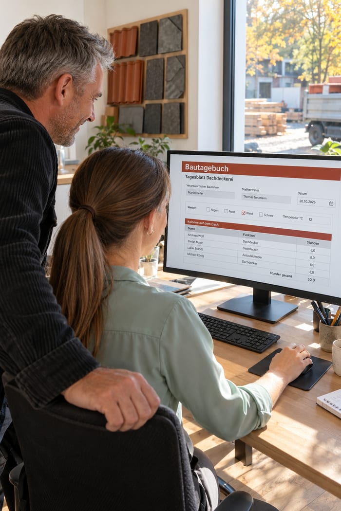 Bürokauffrau und Dachdeckermeister am Monitor mit dem Bautagebuch als Tagesblatt der Dachdeckerei, an der Wand ein Musterbrett mit Dachziegeln