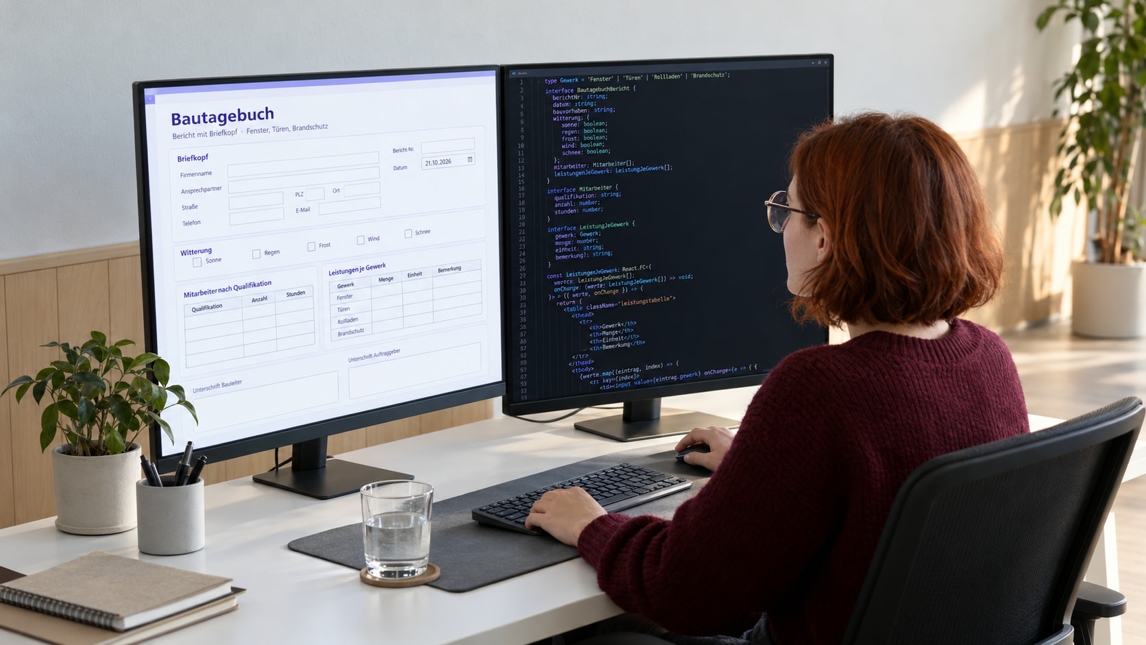 Softwareentwicklerin programmiert das Bautagebuch aus der Vorlage, links das Formular mit Briefkopf, Witterung und Leistungen je Gewerk, rechts der TypeScript-Code