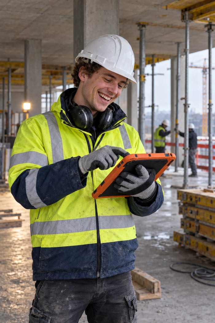 Junger Bauführer mit weißem Schutzhelm, Gehörschutz und Warnjacke tippt lachend mit Arbeitshandschuhen auf sein Tablet im Rohbau-Geschoss, hinter ihm Deckenstützen, zwei Kollegen und Baukräne