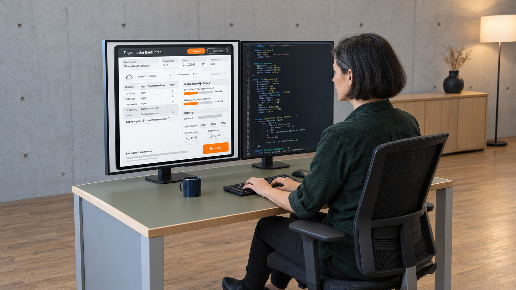 Softwareentwicklerin programmiert die Bautagesbericht-App: links die Tagesmaske Bauführer mit Kolonnen, Köpfen eigen und Nachunternehmer, Leistungsstand je Bauteil und Betonage, rechts der TypeScript-Code