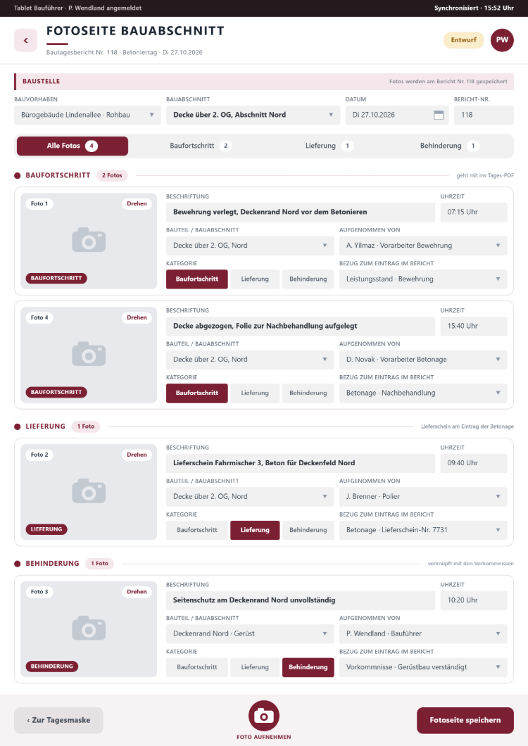 Fotoseite Bauabschnitt in der Bautagesbericht-App mit Fotos nach Baufortschritt, Lieferung und Behinderung, je Foto Beschriftung, Uhrzeit, Bauteil, aufgenommen von und Bezug zum Eintrag im Bericht