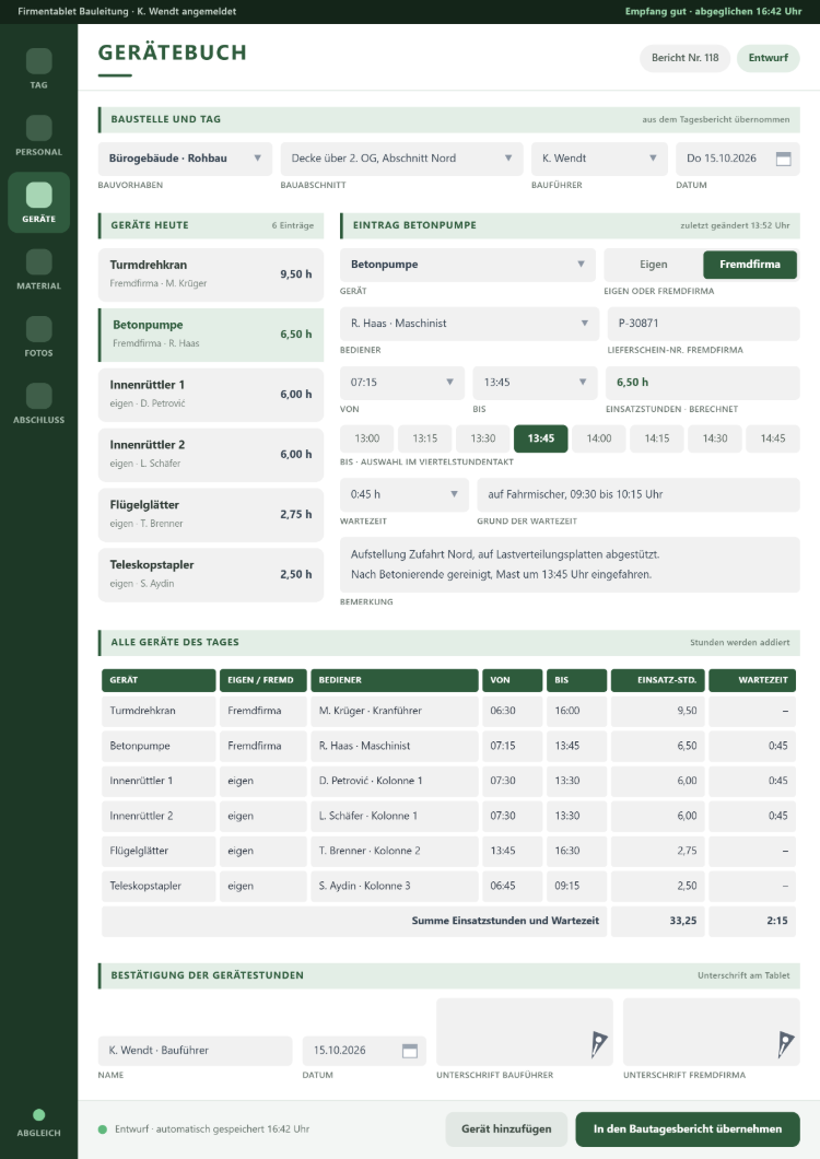 Gerätebuch der Bautagesbericht-App am Tablet mit Turmdrehkran, Betonpumpe, Innenrüttlern, Flügelglätter und Teleskopstapler, eigen oder Fremdfirma, Bediener, Zeiten im Viertelstundentakt, Einsatzstunden, Wartezeit auf den Fahrmischer und Bestätigung der Gerätestunden
